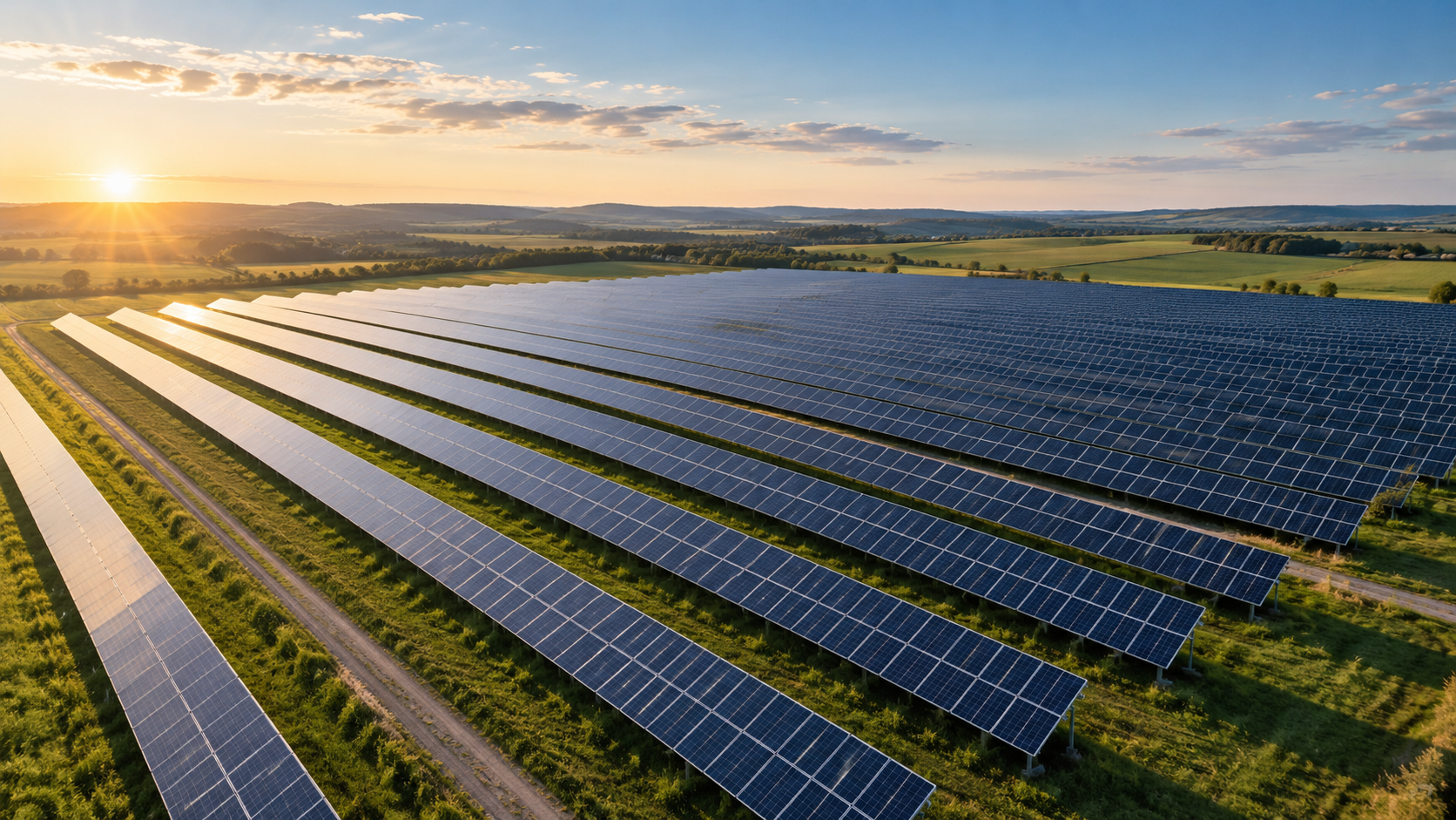 Parc fotovoltaic mare văzut din perspectivă aeriană
